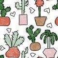 Seamless hand drawn pattern with houseplants, indoor plants flowers in pots, green leaves potted herbs. Urban jungle Royalty Free Stock Photo