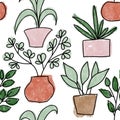 Seamless hand drawn pattern with houseplants, indoor plants flowers in pots, green leaves potted herbs. Urban jungle Royalty Free Stock Photo