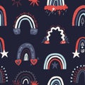 Seamless hand-drawn pattern with rainbows. Various rainbows in red-blue tones. Royalty Free Stock Photo