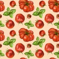 Seamless hand drawn pattern with red tomatoes, cherry tomatoes and basilic. Vegetable background for textiles, fabrics, wrapping