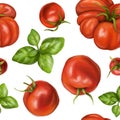 Seamless hand drawn pattern with red tomatoes, cherry tomatoes and basilic. Vegetable background for textiles, fabrics, wrapping