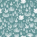 Seamless Hand Drawn Pattern Sea Palnt With Coral Reef And Starfishes