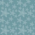 Seamless hand-drawn pattern with sea stars. Summer sea vector illustration on blue. Abstract texture for fabric, textiles, and Royalty Free Stock Photo