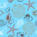 Seamless hand drawn pattern with seashells, starfish and coral.