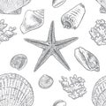 Seamless hand drawn pattern with seashells, starfish and coral. Royalty Free Stock Photo