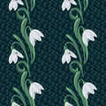 Seamless hand-drawn pattern with snowdrops in white and green on a dark green background.