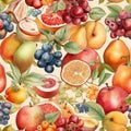 Seamless pattern of summer colorful fruits. Generative AI. Royalty Free Stock Photo