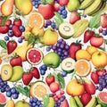 Seamless pattern of summer colorful fruits. Generative AI. Royalty Free Stock Photo