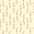 Seamless hand drawn pattern with thin elegant dark red branches on a beige