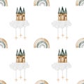 seamless hand-drawn pattern with vintage rainbow, magic castle. Elegant pattern for printing on children's