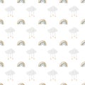 seamless hand-drawn pattern with vintage unicorn clouds rainbow stars. Elegant pattern for printing on children