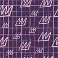 Seamless hand drawn pattern with white contoured crowns. Purple background with check Royalty Free Stock Photo