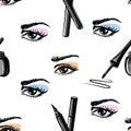 Seamless hand drawn pattern of woman eye and makeup elements Royalty Free Stock Photo