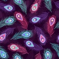 Seamless hand drawn peacock feathers pattern. Royalty Free Stock Photo