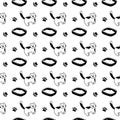Seamless hand drawn pet pattern with cat, litter box and paw prints. Black and white vector background Royalty Free Stock Photo