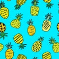 Seamless Hand drawn pineapple fruit doodles with blue background