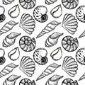 Seamless, hand-drawn sea creatures doodle in sketch style. Seashells. White background. Isolated. Summer. Ocean. Flat Royalty Free Stock Photo