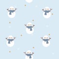 Seamless hand drawn snowman, star, snowflake repeat pattern in blue background, holiday, merry christmas and happy new year Royalty Free Stock Photo