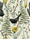 Seamless hand drawn spring watercolor floral pattern. With black birds, crocus flowers, ferns and branches Royalty Free Stock Photo