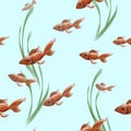 Seamless hand drawn texture with gold fishes and algae