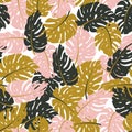 Seamless hand drawn tropical pattern. Vector background with monstera. Royalty Free Stock Photo