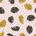 Seamless hand drawn tropical pattern. Vector background with monstera leaves and rhombus. Royalty Free Stock Photo