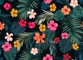 Seamless hand drawn tropical vector pattern with bright hibiscus flowers and exotic palm leaves on dark background. Royalty Free Stock Photo