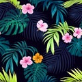 Seamless hand drawn tropical vector pattern with bright hibiscus flowers and exotic palm leaves on dark background. Royalty Free Stock Photo