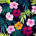 Seamless hand drawn tropical vector pattern with bright hibiscus flowers and exotic palm leaves on dark background. Royalty Free Stock Photo