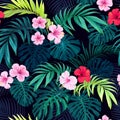 Seamless hand drawn tropical vector pattern with bright hibiscus flowers and exotic palm leaves on dark background. Royalty Free Stock Photo