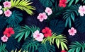 Seamless hand drawn tropical vector pattern with bright hibiscus flowers and exotic palm leaves on dark background. Royalty Free Stock Photo