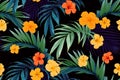 Seamless hand drawn tropical vector pattern with bright hibiscus flowers and exotic palm leaves on dark background. Royalty Free Stock Photo