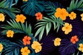 Seamless hand drawn tropical vector pattern with bright hibiscus flowers and exotic palm leaves on dark background. Royalty Free Stock Photo