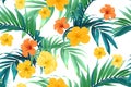 Seamless hand drawn tropical vector pattern with bright hibiscus flowers and exotic palm leaves. Royalty Free Stock Photo
