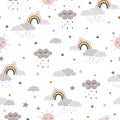Seamless hand drawn vector pattern with cute cartoon rainbow, clouds, moon, sun and stars background Royalty Free Stock Photo