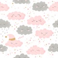 Seamless hand drawn vector pattern with cute pink and grey cartoon clouds and stars on white background. Design for print, fabric Royalty Free Stock Photo