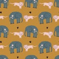 Seamless hand drawn vector pattern with elephant and lion, cute safari animals, tropical kids wrapping paper in nursery Royalty Free Stock Photo