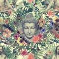 Seamless hand drawn watercolor pattern with buddha head, yogi, flowers, leaves, feathers, flowers. Royalty Free Stock Photo