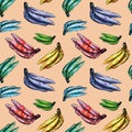 Seamless hand drawn watercolor coloring tropical summer bright hipster funky fruity banana pattern