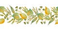 Seamless hand drawn watercolor horizontal border with green yellow wild herbs leaves in wood woodland forest. Organic