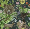 Seamless hand drawn watercolor pattern with bear head, deer, raven.