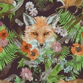Seamless hand drawn watercolor pattern with fox head, feathers, flowers.