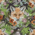 Seamless hand drawn watercolor pattern with fox head, feathers, flowers.