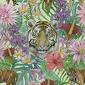 Seamless hand drawn watercolor pattern with indonesian tigers, leaves, flowers Royalty Free Stock Photo