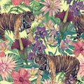 Seamless hand drawn watercolor pattern with indonesian tigers, leaves, flowers Royalty Free Stock Photo