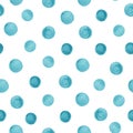 Seamless hand drawn watercolor pattern made of round blue dots, isolated.