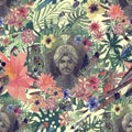 Seamless hand drawn watercolor pattern with maharajah head, flowers, leaves, feathers.