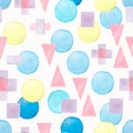 Seamless hand drawn watercolor pattern with pink,blue and violet different geometric shapes on a white background.Abstract Royalty Free Stock Photo