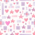 Seamless hand drawn watercolor pattern with pink and violet different geometric shapes on a white background.Abstract geometric Royalty Free Stock Photo