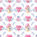 Seamless hand drawn watercolor spring pattern with hearts.